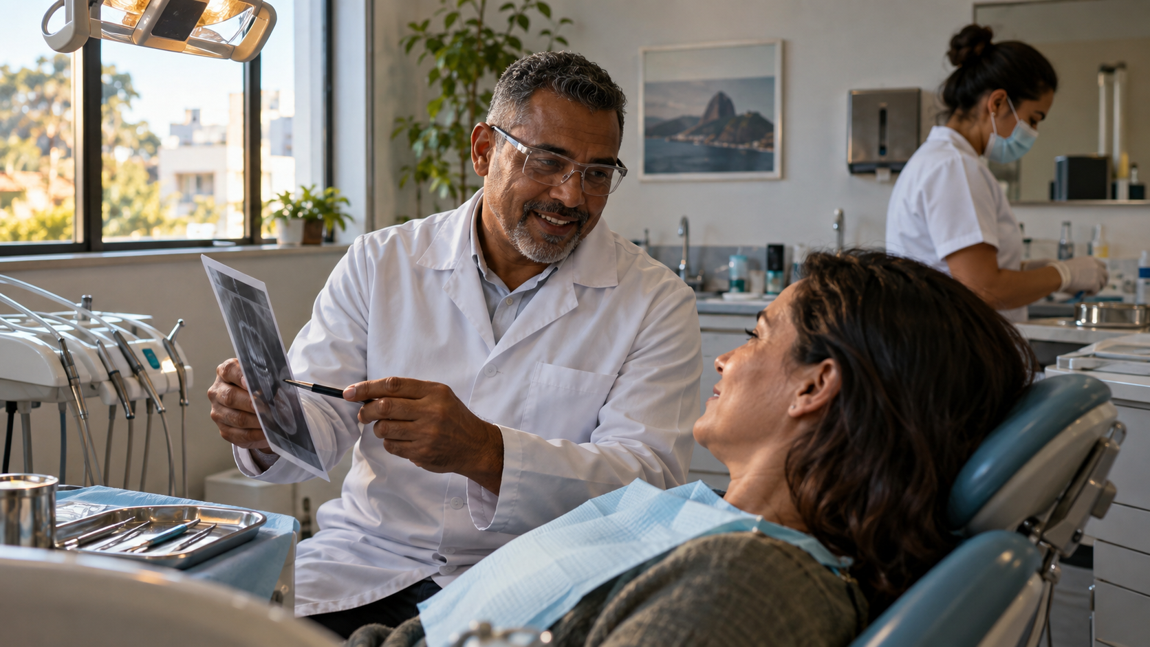 Cena ilustrativa de dentista atendendo uma paciente em clínica