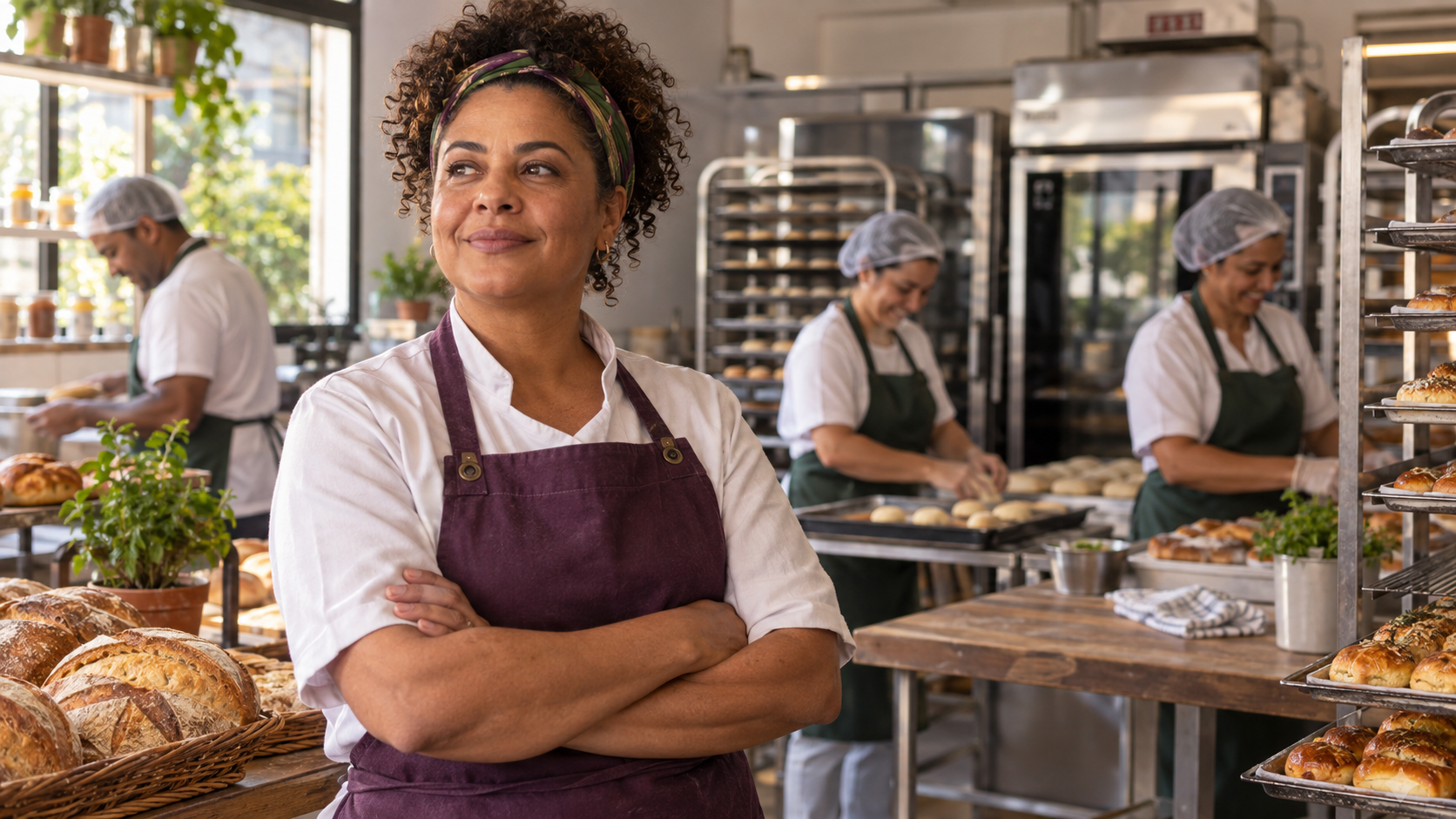 Empreendedora com sua equipe em uma padaria, em cena ilustrativa