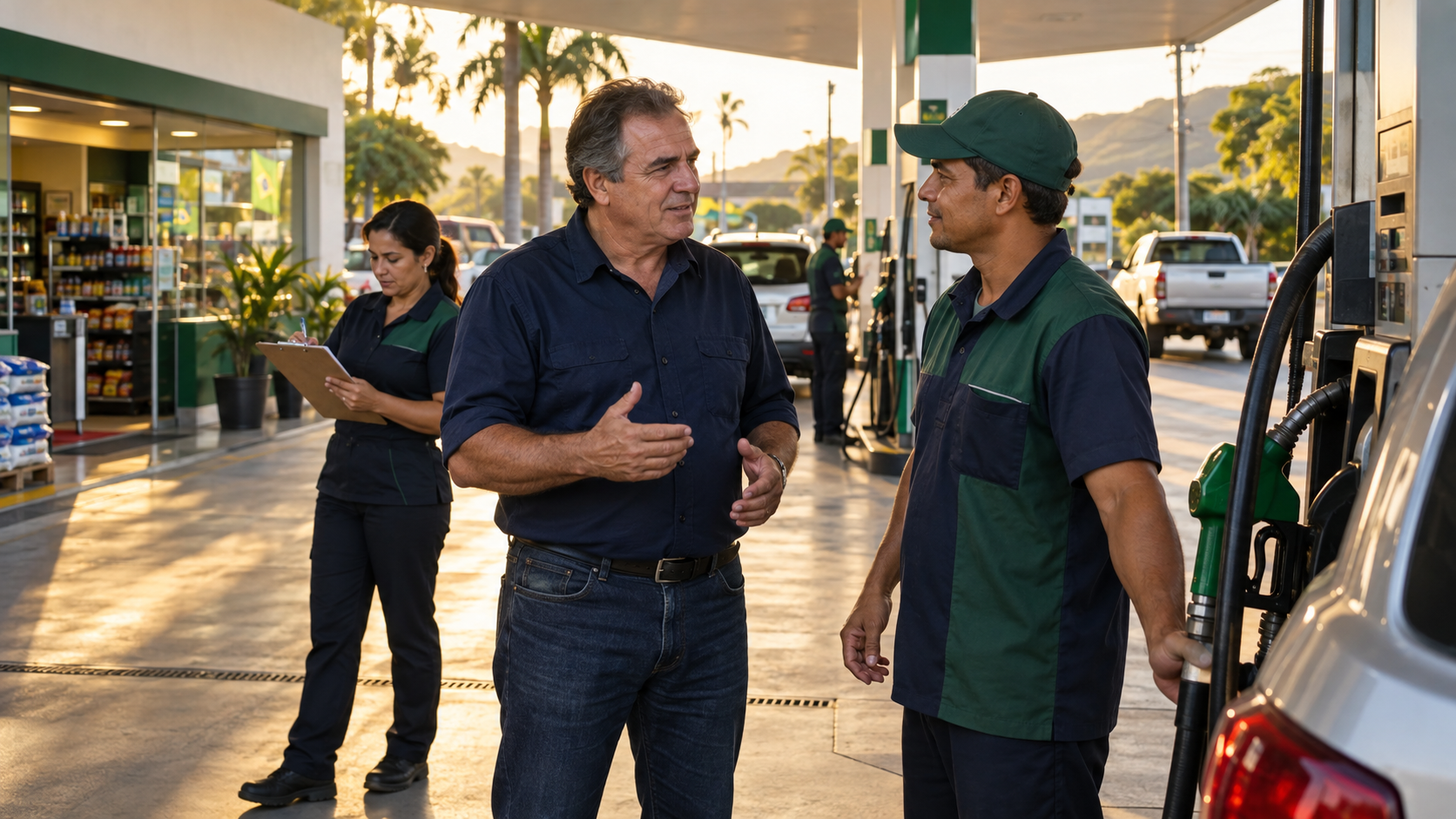 Cena ilustrativa de proprietário e frentista conversando em posto de combustível